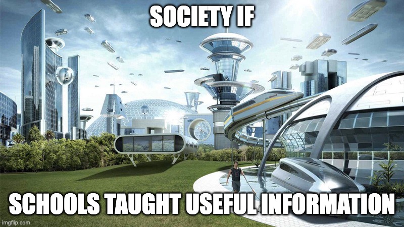 The future world if | SOCIETY IF; SCHOOLS TAUGHT USEFUL INFORMATION | image tagged in the future world if | made w/ Imgflip meme maker