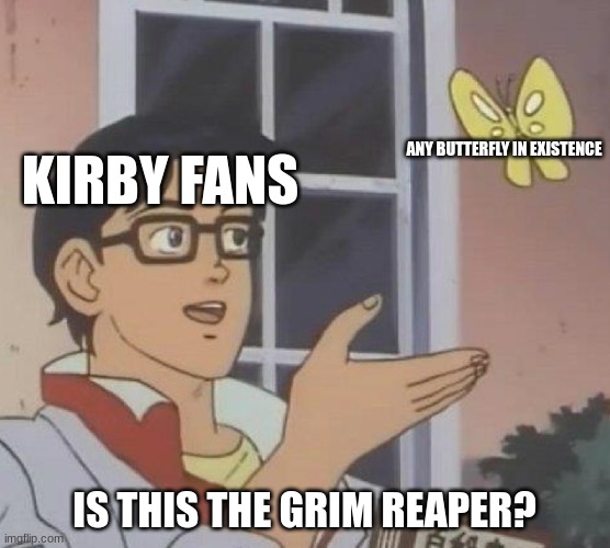 its possible | KIRBY FANS; ANY BUTTERFLY IN EXISTENCE; IS THIS THE GRIM REAPER? | image tagged in memes,is this a pigeon | made w/ Imgflip meme maker