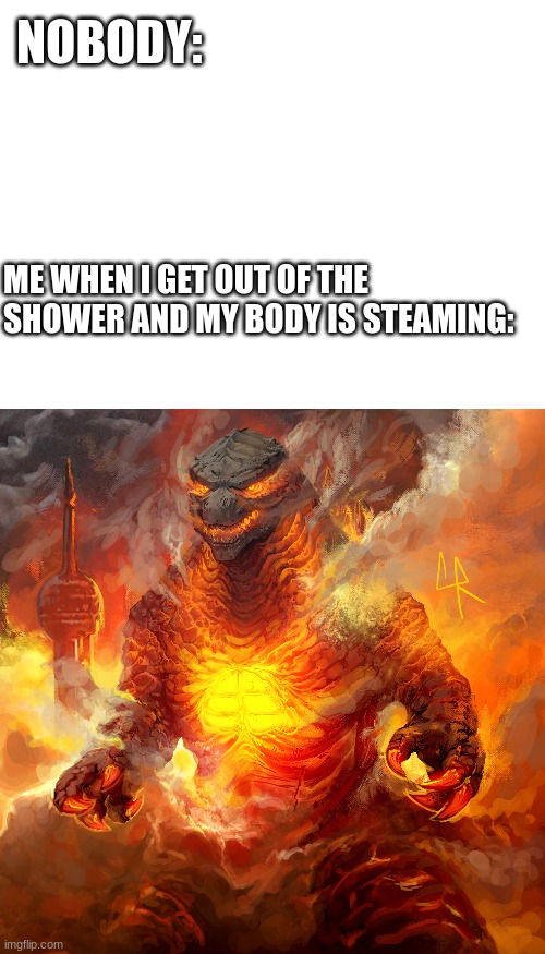NOBODY: ME WHEN I GET OUT OF THE 
SHOWER AND MY BODY IS STEAMING: | image tagged in burning godzilla | made w/ Imgflip meme maker