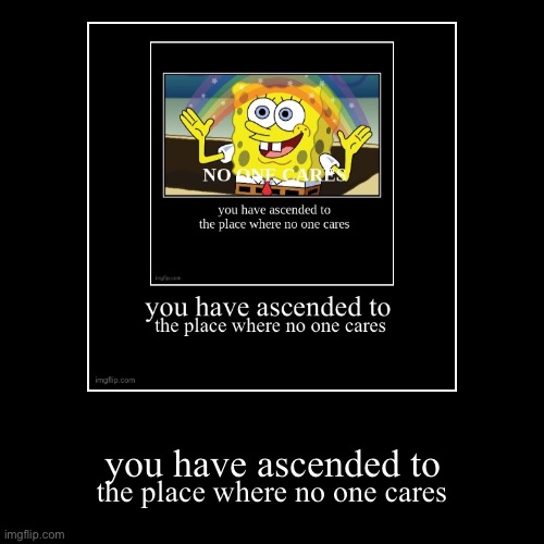 Image 2 of 5 | you have ascended to | the place where no one cares | image tagged in funny,demotivationals | made w/ Imgflip demotivational maker