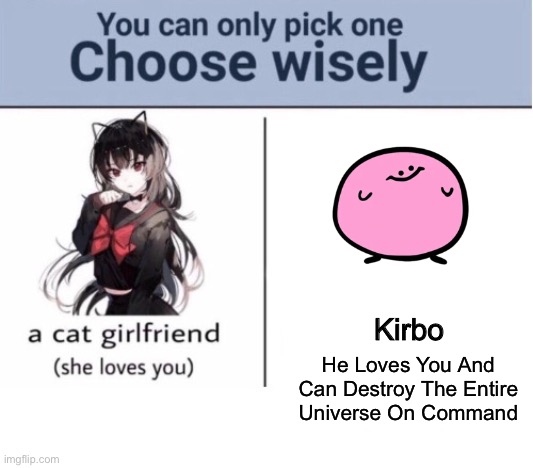 Choose wisely | Kirbo; He Loves You And Can Destroy The Entire Universe On Command | image tagged in choose wisely | made w/ Imgflip meme maker
