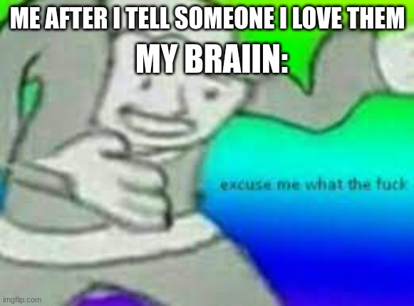 excuse me wth | MY BRAIIN:; ME AFTER I TELL SOMEONE I LOVE THEM | image tagged in exuse me wtf,funny,love,memes | made w/ Imgflip meme maker