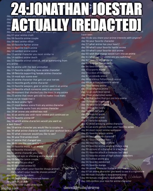100 day anime challenge | 24:JONATHAN JOESTAR ACTUALLY [REDACTED] | image tagged in 100 day anime challenge | made w/ Imgflip meme maker