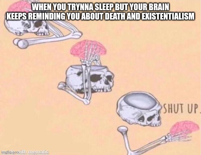 My brain when I sleep | WHEN YOU TRYNNA SLEEP BUT YOUR BRAIN KEEPS REMINDING YOU ABOUT DEATH AND EXISTENTIALISM | image tagged in skeleton shut up meme | made w/ Imgflip meme maker