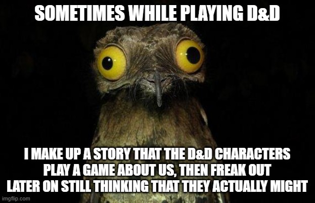 Weird Stuff I Do Potoo | SOMETIMES WHILE PLAYING D&D; I MAKE UP A STORY THAT THE D&D CHARACTERS PLAY A GAME ABOUT US, THEN FREAK OUT LATER ON STILL THINKING THAT THEY ACTUALLY MIGHT | image tagged in memes,weird stuff i do potoo | made w/ Imgflip meme maker