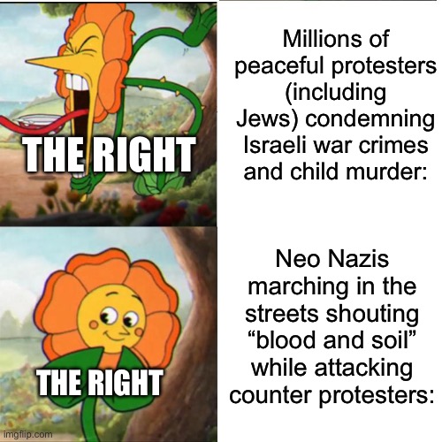 Where were all of these people pretending to be outraged about antisemitism when Charlottesville happened? | Millions of peaceful protesters (including Jews) condemning Israeli war crimes and child murder:; THE RIGHT; Neo Nazis marching in the streets shouting “blood and soil” while attacking counter protesters:; THE RIGHT | image tagged in cuphead flower,charlottesville,nazis,israel,palestine,antisemitism | made w/ Imgflip meme maker