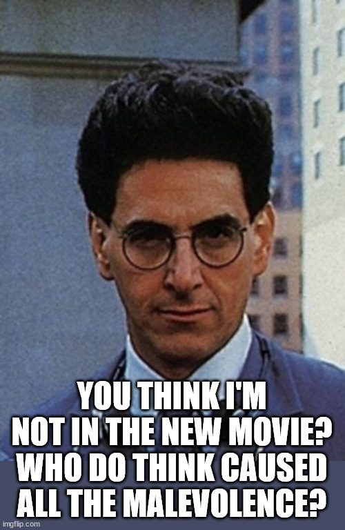 Egon Spengler | YOU THINK I'M NOT IN THE NEW MOVIE?
WHO DO THINK CAUSED
ALL THE MALEVOLENCE? | image tagged in egon spengler | made w/ Imgflip meme maker