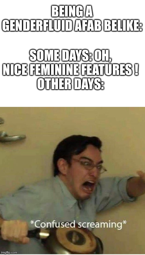 confused screaming | BEING A GENDERFLUID AFAB BELIKE:; SOME DAYS: OH, NICE FEMININE FEATURES !
OTHER DAYS: | image tagged in confused screaming,why man,aaaaaaaaaaaaaaaaaaaaaaaaaaa,why are you reading this | made w/ Imgflip meme maker