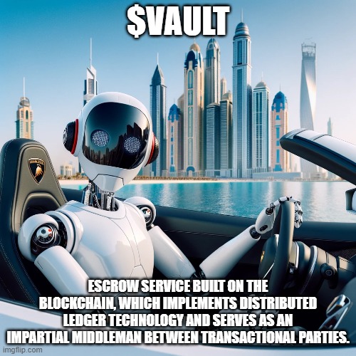 $VAULT | $VAULT; ESCROW SERVICE BUILT ON THE BLOCKCHAIN, WHICH IMPLEMENTS DISTRIBUTED LEDGER TECHNOLOGY AND SERVES AS AN IMPARTIAL MIDDLEMAN BETWEEN TRANSACTIONAL PARTIES. | image tagged in cryptocurrency | made w/ Imgflip meme maker