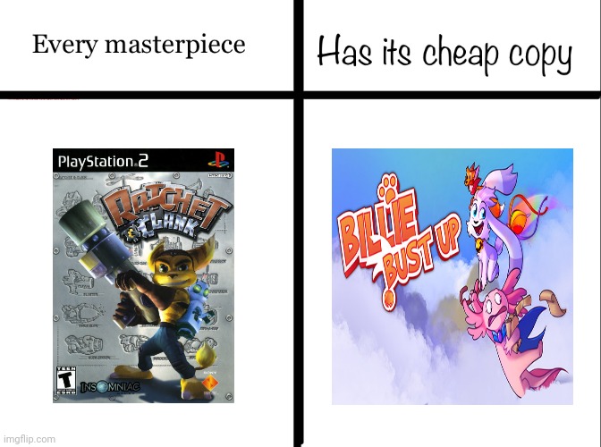 Billie's bust up is a ripoff to the 2002 videogame ratchet and clank | image tagged in every masterpiece has its cheap copy,ratchet and clank,billie's bust up,ripoff,what the fu-,cashgrab | made w/ Imgflip meme maker