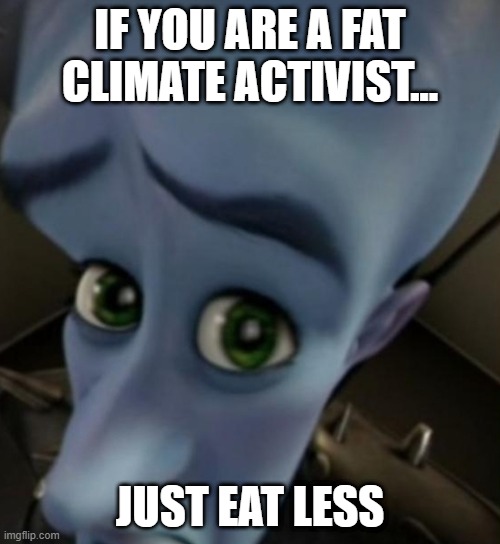 Megamind no bitches | IF YOU ARE A FAT CLIMATE ACTIVIST... JUST EAT LESS | image tagged in megamind no bitches | made w/ Imgflip meme maker