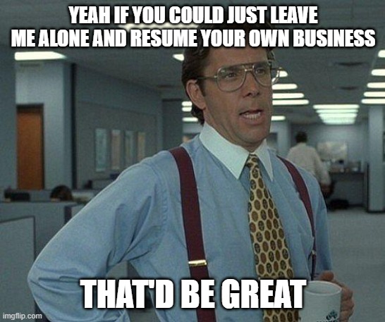 Yeah if you could  | YEAH IF YOU COULD JUST LEAVE ME ALONE AND RESUME YOUR OWN BUSINESS; THAT'D BE GREAT | image tagged in yeah if you could,memes | made w/ Imgflip meme maker