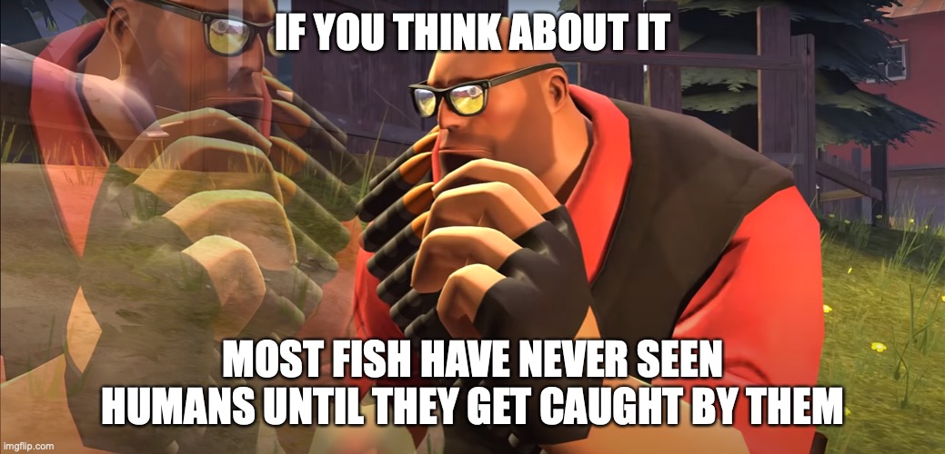 Shower Thought 3 | IF YOU THINK ABOUT IT; MOST FISH HAVE NEVER SEEN HUMANS UNTIL THEY GET CAUGHT BY THEM | image tagged in heavy is thinking | made w/ Imgflip meme maker