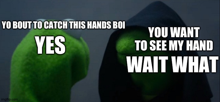 Pls make this famous | YOU WANT TO SEE MY HAND; YO BOUT TO CATCH THIS HANDS BOI; YES; WAIT WHAT | image tagged in memes,evil kermit,famous,baller,meme,kermit the toad | made w/ Imgflip meme maker