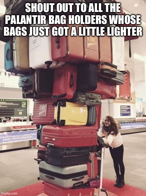 Luggage | SHOUT OUT TO ALL THE PALANTIR BAG HOLDERS WHOSE BAGS JUST GOT A LITTLE LIGHTER | image tagged in luggage | made w/ Imgflip meme maker