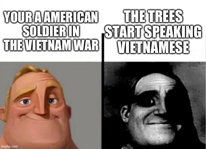 Uh oh | YOUR A AMERICAN SOLDIER IN THE VIETNAM WAR; THE TREES START SPEAKING VIETNAMESE | image tagged in teacher's copy | made w/ Imgflip meme maker