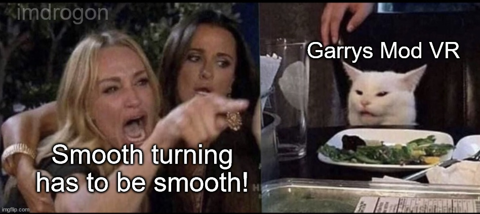 i mean its true though ?‍ | imdrogon; Garrys Mod VR; Smooth turning has to be smooth! | image tagged in karen carpenter and smudge cat | made w/ Imgflip meme maker