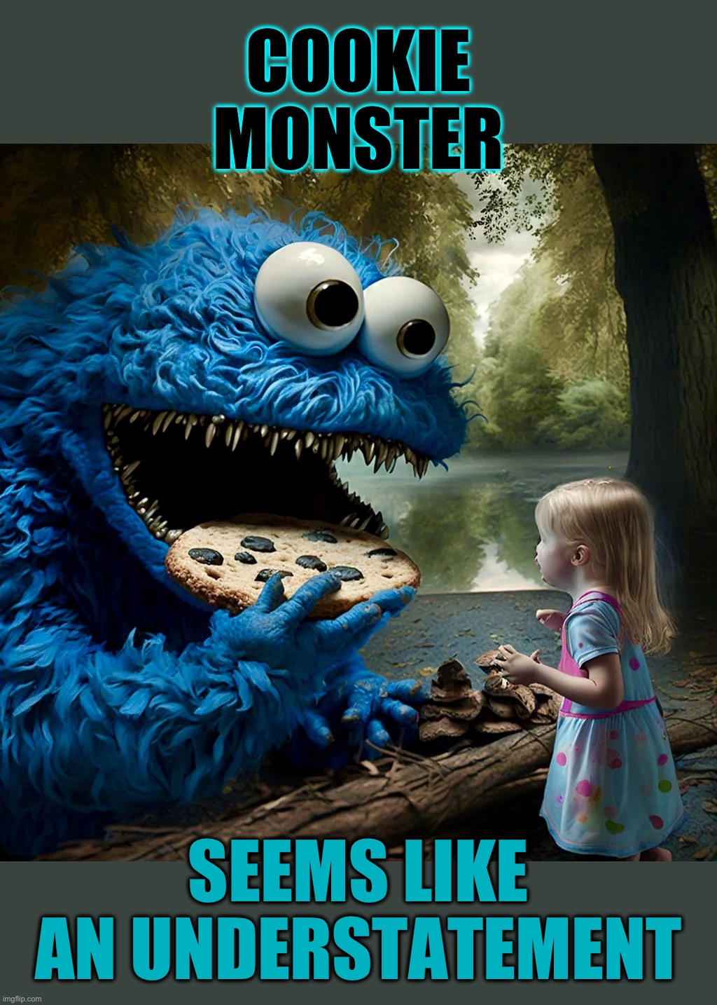 Chocolate chip trip | COOKIE
MONSTER; SEEMS LIKE
AN UNDERSTATEMENT | image tagged in cookie monster,memes,sesame street,nightmare fuel,dad there is a monster under my bed,fear | made w/ Imgflip meme maker