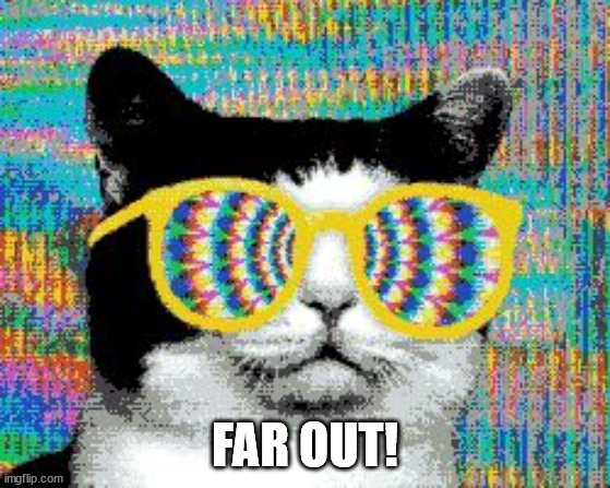 psychedelic cat | FAR OUT! | image tagged in psychedelic cat | made w/ Imgflip meme maker