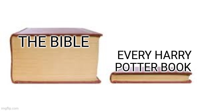 Too big too small | EVERY HARRY POTTER BOOK; THE BIBLE | image tagged in big book small book,harry potter,holy bible | made w/ Imgflip meme maker