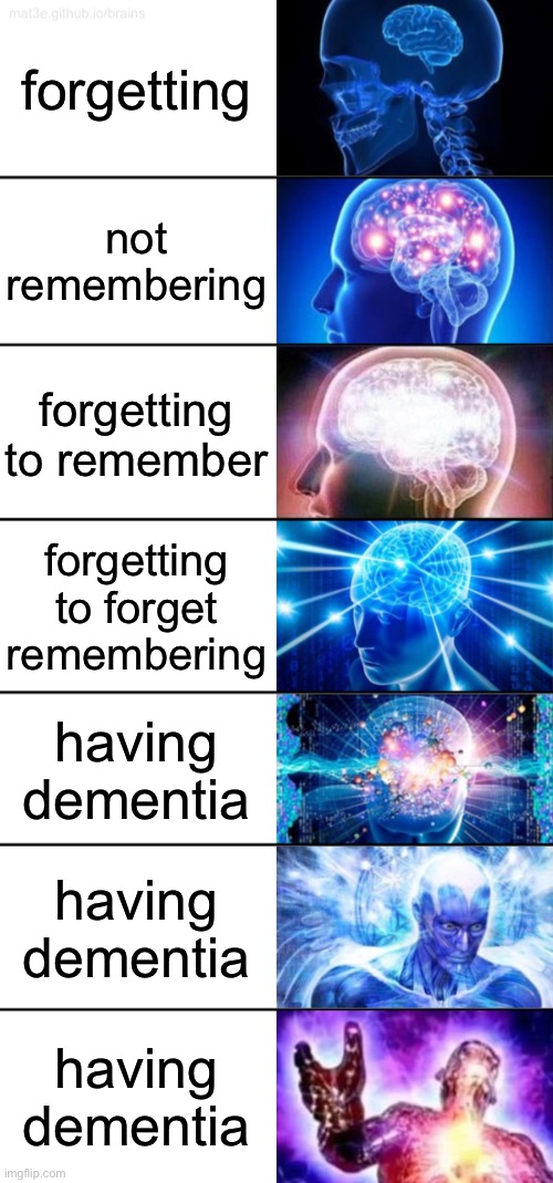 7-Tier Expanding Brain | forgetting; not remembering; forgetting to remember; forgetting to forget remembering; having dementia; having dementia; having dementia | image tagged in 7-tier expanding brain,dementia | made w/ Imgflip meme maker