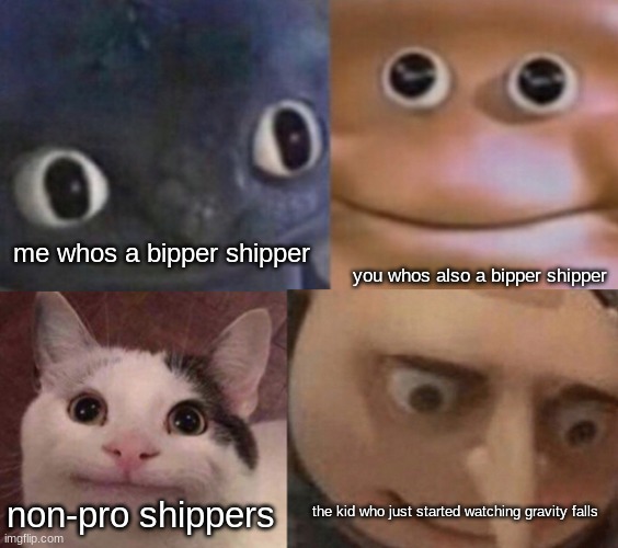 me whos a bipper shipper you whos also a bipper shipper non-pro shippers the kid who just started watching gravity falls | image tagged in four faces awkward realization | made w/ Imgflip meme maker