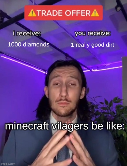 Minecraft :( | 1000 diamonds; 1 really good dirt; minecraft vilagers be like: | image tagged in trade offer | made w/ Imgflip meme maker
