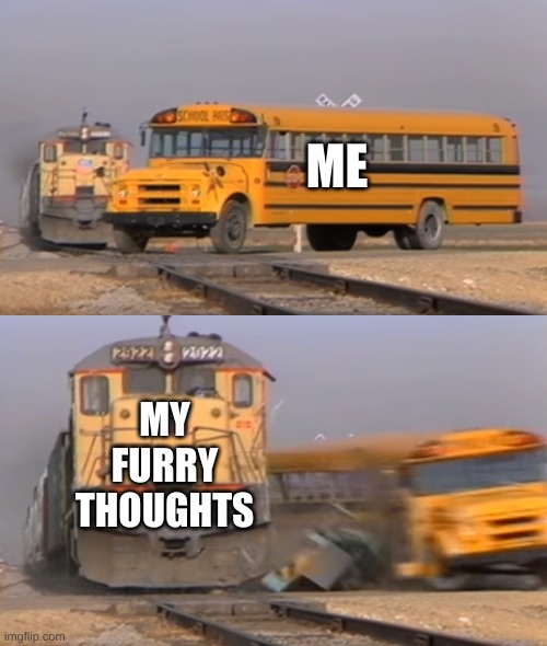 UwU | ME; MY FURRY THOUGHTS | image tagged in a train hitting a school bus,furry,xd | made w/ Imgflip meme maker