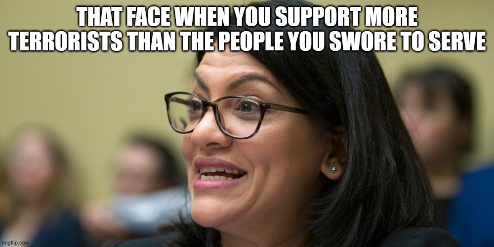 Well at least she stands for something | THAT FACE WHEN YOU SUPPORT MORE TERRORISTS THAN THE PEOPLE YOU SWORE TO SERVE | image tagged in rashida tlaib,fifth column,islamic terrorism,traitor,democrat war on america,typical democrat | made w/ Imgflip meme maker