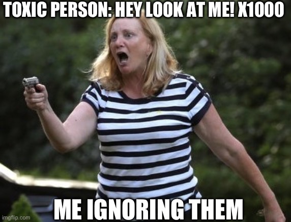 they want ATTENTION | TOXIC PERSON: HEY LOOK AT ME! X1000; ME IGNORING THEM | image tagged in angry gun karen,karen with a gun,toxic people,ignoring toxicity,vr | made w/ Imgflip meme maker