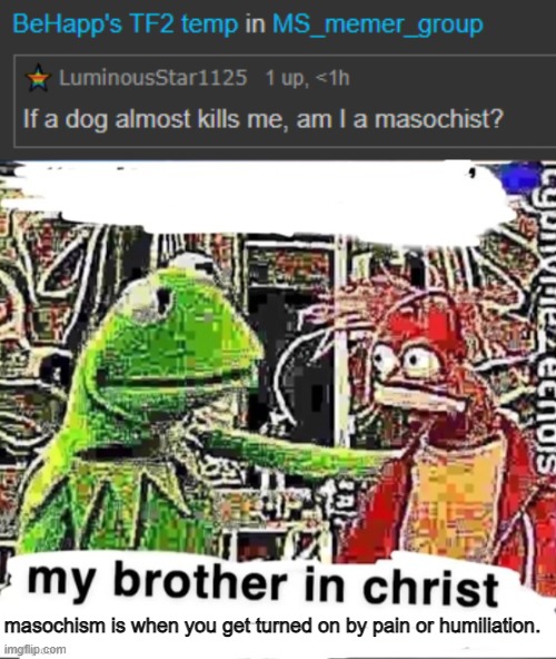 masochism is when you get turned on by pain or humiliation. | image tagged in my brother in christ | made w/ Imgflip meme maker