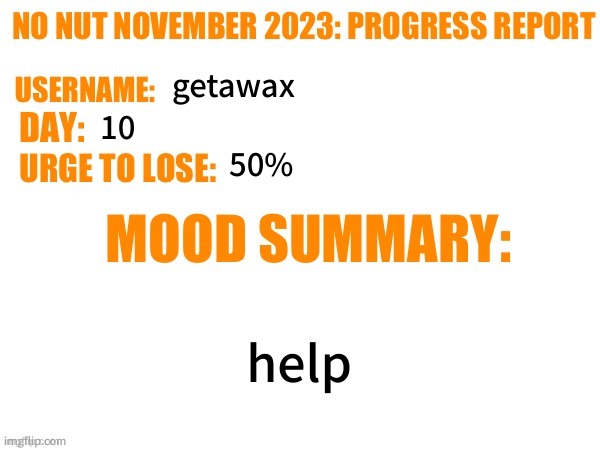 No Nut November 2023 Progress Report | getawax; 10; 50%; help | image tagged in no nut november 2023 progress report | made w/ Imgflip meme maker