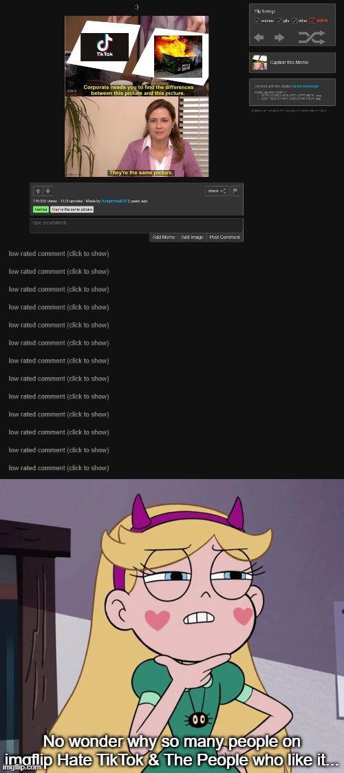 Apparently alot of people on imgflip Hate TikTok | No wonder why so many people on imgflip Hate TikTok & The People who like it... | image tagged in tiktok,low rated comment,imgflip,star vs the forces of evil,memes | made w/ Imgflip meme maker