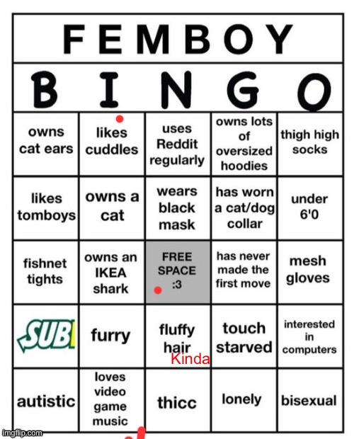 How do y’all bingo fill these(side note: color at bottom was not planned, it scrolled on my screen and it happend) | Kinda | image tagged in femboy bingo | made w/ Imgflip meme maker