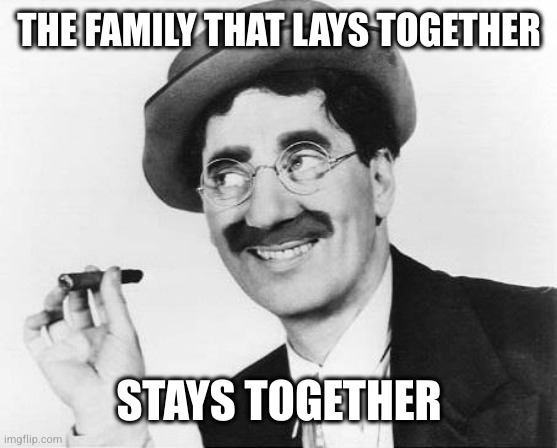 Groucho Marx | THE FAMILY THAT LAYS TOGETHER STAYS TOGETHER | image tagged in groucho marx | made w/ Imgflip meme maker