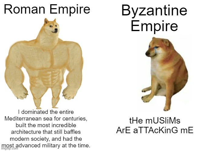 Buff Doge vs. Cheems | Roman Empire; Byzantine Empire; I dominated the entire Mediterranean sea for centuries, built the most incredible architecture that still baffles modern society, and had the most advanced military at the time. tHe mUSliMs ArE aTTAcKinG mE | image tagged in memes,buff doge vs cheems | made w/ Imgflip meme maker