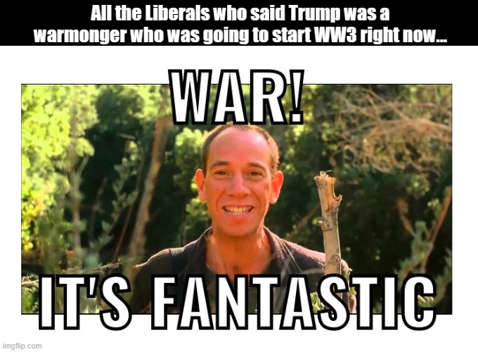 "World War III would be a good thing, actually..." | All the Liberals who said Trump was a warmonger who was going to start WW3 right now... | image tagged in liberals,war,leftists,hypocrisy,irony,woke | made w/ Imgflip meme maker