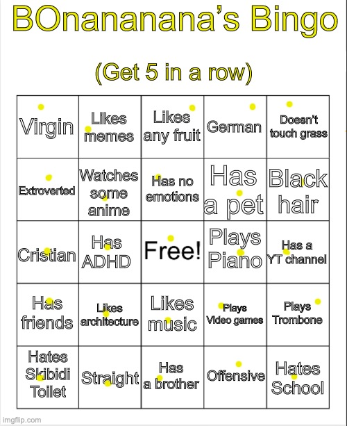 Im so bored rn omg | BOnananana’s Bingo; (Get 5 in a row); Doesn’t touch grass; Likes any fruit; Likes memes; German; Virgin; Has no emotions; Extroverted; Black hair; Has a pet; Watches some anime; Plays Piano; Cristian; Has a YT channel; Has ADHD; Has friends; Plays Video games; Likes architecture; Plays Trombone; Likes music; Has a brother; Straight; Hates Skibidi Toilet; Offensive; Hates School | image tagged in blank bingo | made w/ Imgflip meme maker