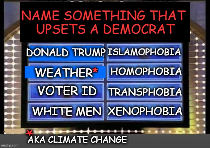 Add to the List in Comments . . . | NAME SOMETHING THAT 
UPSETS A DEMOCRAT; ISLAMOPHOBIA; DONALD TRUMP; *; HOMOPHOBIA; WEATHER; TRANSPHOBIA; VOTER ID; WHITE MEN; XENOPHOBIA; *; AKA CLIMATE CHANGE | image tagged in politics,democrats,upset,worried,haters gonna hate,donald trump | made w/ Imgflip meme maker