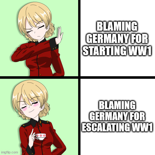 Nobody to blame but...escalation | BLAMING GERMANY FOR STARTING WW1; BLAMING GERMANY FOR ESCALATING WW1 | image tagged in drake hotline bling darjeeling | made w/ Imgflip meme maker