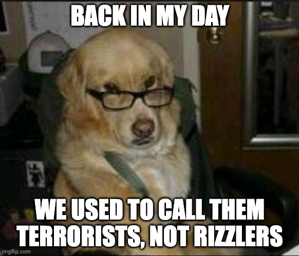 Back in my day dog | BACK IN MY DAY; WE USED TO CALL THEM TERRORISTS, NOT RIZZLERS | image tagged in back in my day dog | made w/ Imgflip meme maker