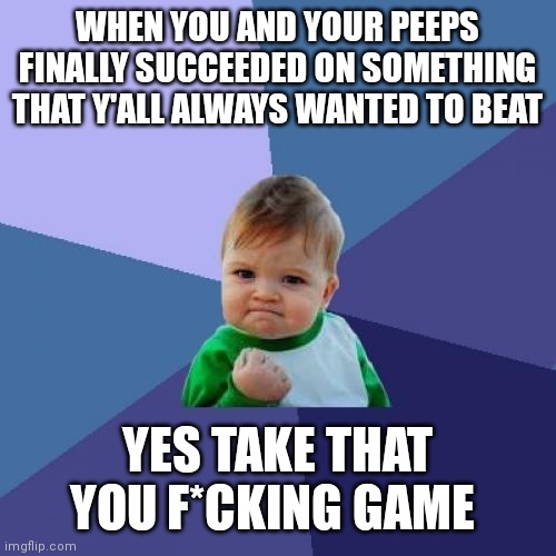 Relatable memes | WHEN YOU AND YOUR PEEPS FINALLY SUCCEEDED ON SOMETHING THAT Y'ALL ALWAYS WANTED TO BEAT; YES TAKE THAT YOU F*CKING GAME | image tagged in memes,success kid,relatable memes | made w/ Imgflip meme maker