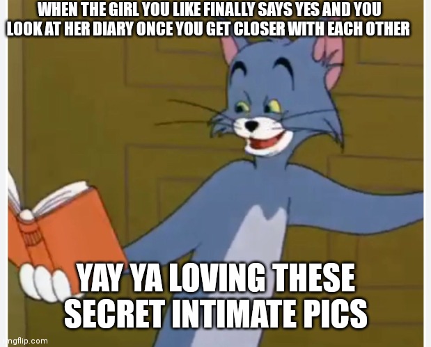 Slant eye Tom | WHEN THE GIRL YOU LIKE FINALLY SAYS YES AND YOU LOOK AT HER DIARY ONCE YOU GET CLOSER WITH EACH OTHER; YAY YA LOVING THESE SECRET INTIMATE PICS | image tagged in tom and jerry memes,relatable memes,girls diary,tom and jerry,tom cat,memes | made w/ Imgflip meme maker