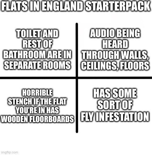 Blank Starter Pack | FLATS IN ENGLAND STARTERPACK; AUDIO BEING HEARD THROUGH WALLS, CEILINGS, FLOORS; TOILET AND REST OF BATHROOM ARE IN SEPARATE ROOMS; HORRIBLE STENCH IF THE FLAT YOU’RE IN HAS WOODEN FLOORBOARDS; HAS SOME SORT OF FLY INFESTATION | image tagged in memes,blank starter pack | made w/ Imgflip meme maker
