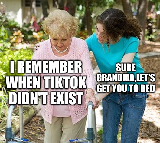 Sure grandma let's get you to bed | SURE GRANDMA,LET'S GET YOU TO BED; I REMEMBER WHEN TIKTOK DIDN'T EXIST | image tagged in sure grandma let's get you to bed | made w/ Imgflip meme maker