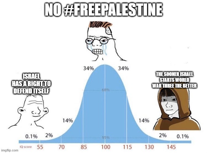 Society needs to crumble. | NO #FREEPALESTINE; THE SOONER ISRAEL STARTS WORLD WAR THREE THE BETTER; ISRAEL HAS A RIGHT TO DEFEND ITSELF | image tagged in bell curve,israel,palestine,acceleration yes | made w/ Imgflip meme maker