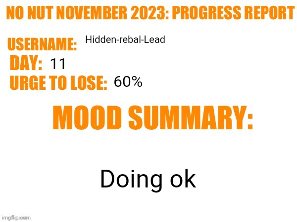 Bored | Hidden-rebal-Lead; 11; 60%; Doing ok | image tagged in no nut november 2023 progress report,memes,funny,nnn | made w/ Imgflip meme maker