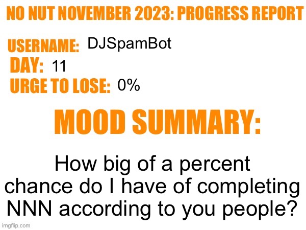 Day 11 | DJSpamBot; 11; 0%; How big of a percent chance do I have of completing NNN according to you people? | image tagged in no nut november 2023 progress report,msmg | made w/ Imgflip meme maker