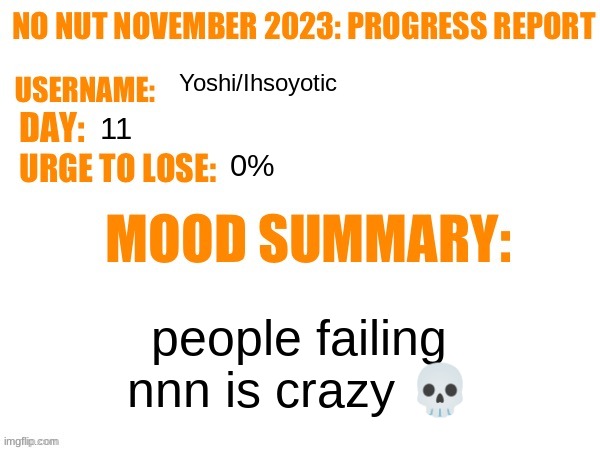 No Nut November 2023 Progress Report | Yoshi/Ihsoyotic; 11; 0%; people failing nnn is crazy 💀 | image tagged in no nut november 2023 progress report | made w/ Imgflip meme maker