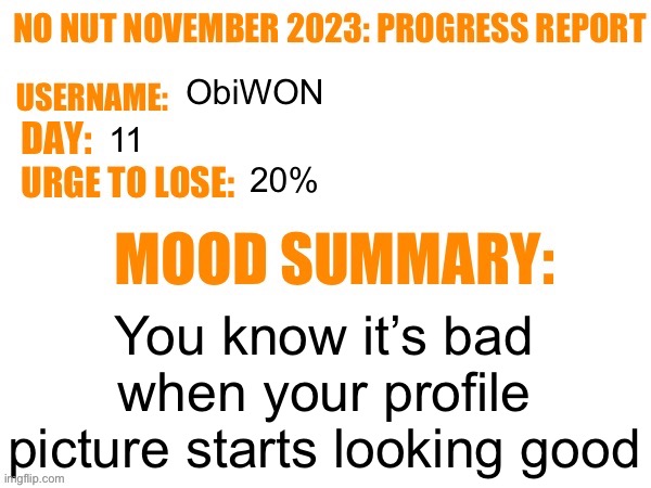 Joke | ObiWON; 11; 20%; You know it’s bad when your profile picture starts looking good | image tagged in no nut november 2023 progress report | made w/ Imgflip meme maker